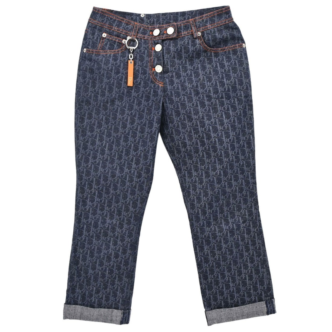 Christian Dior Flight Trotter navy cotton pants FR 34 women: Christian Dior Flight Trotter navy cotton pants FR 34 women Christian Dior women's long pants in navy denim with a button closure and five exterior pockets. Made in Portugal from 100% cotton, this pai