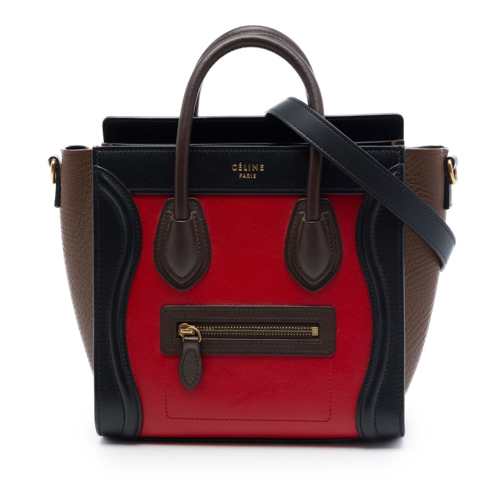 Celine Nano Luggage Tote in Tricolor Leather: Celine Nano Luggage Tote in Tricolor Leather Celine Nano Tricolor Leather Luggage Tote crafted in leather with a structured silhouette. This bag features rolled leather handles, a detachable flat leat