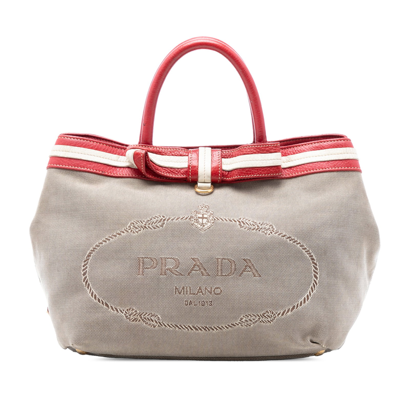Prada Canapa canvas tote bag with leather trim: Prada Canapa canvas tote bag with leather trim This Prada Canvas Canapa Logo Tote features a beige canvas body with leather trim and rolled leather straps. The bag has an open top secured with a snap 