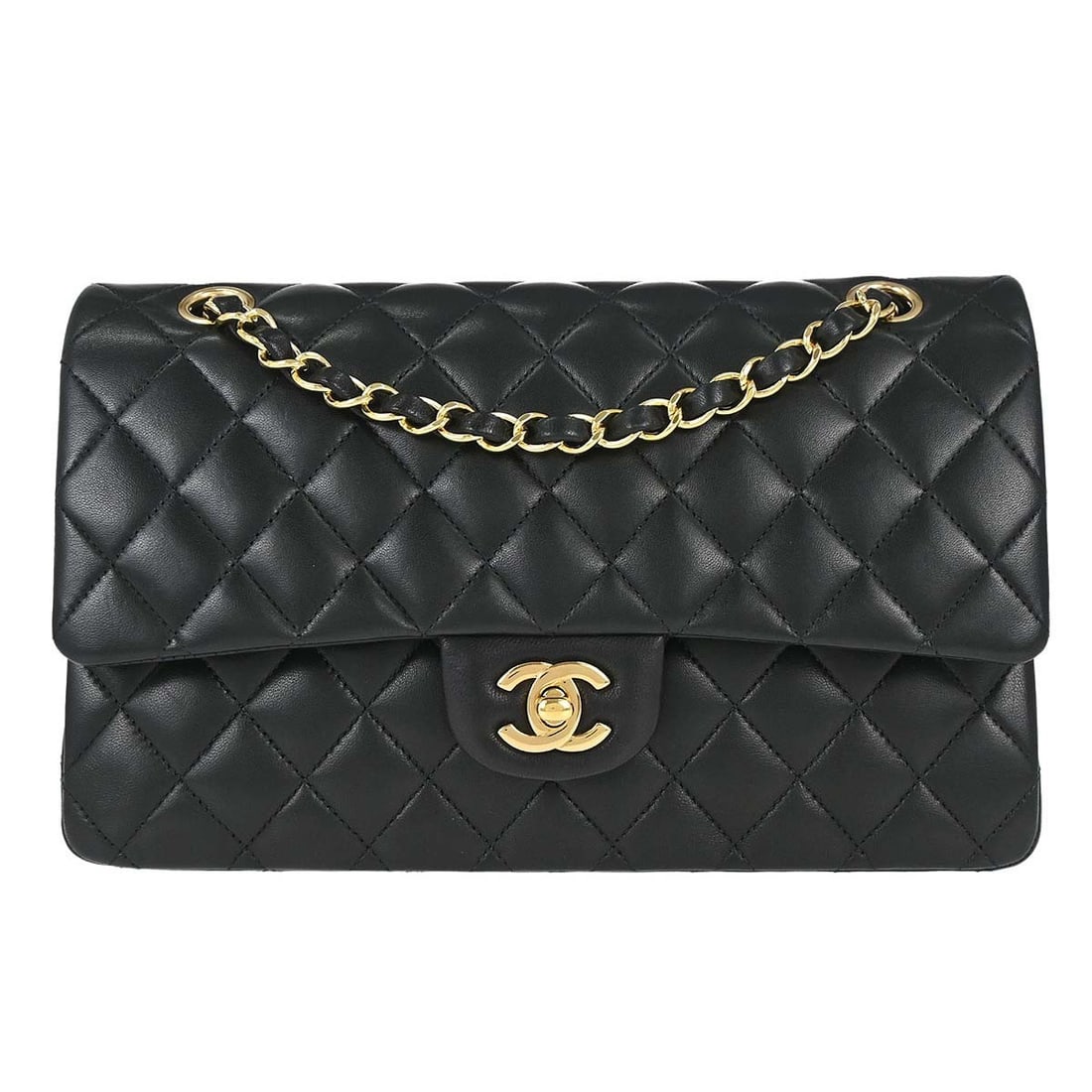 CHANEL Classic Double Flap Medium Shoulder Bag Black Lambskin: CHANEL Classic Double Flap Medium Shoulder Bag Black Lambskin Chanel Medium Classic Double Flap Shoulder Bag in black lambskin leather, made in France. It features a turn lock closure, shoulder strap 