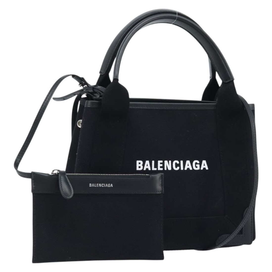 Balenciaga XS Cabas Canvas Tote Black Silver with Strap and Pouch: Balenciaga XS Cabas Canvas Tote Black Silver with Strap and Pouch This Balenciaga Cabas XS tote bag features a black and silver canvas exterior and offers both top handles and a detachable shoulder st