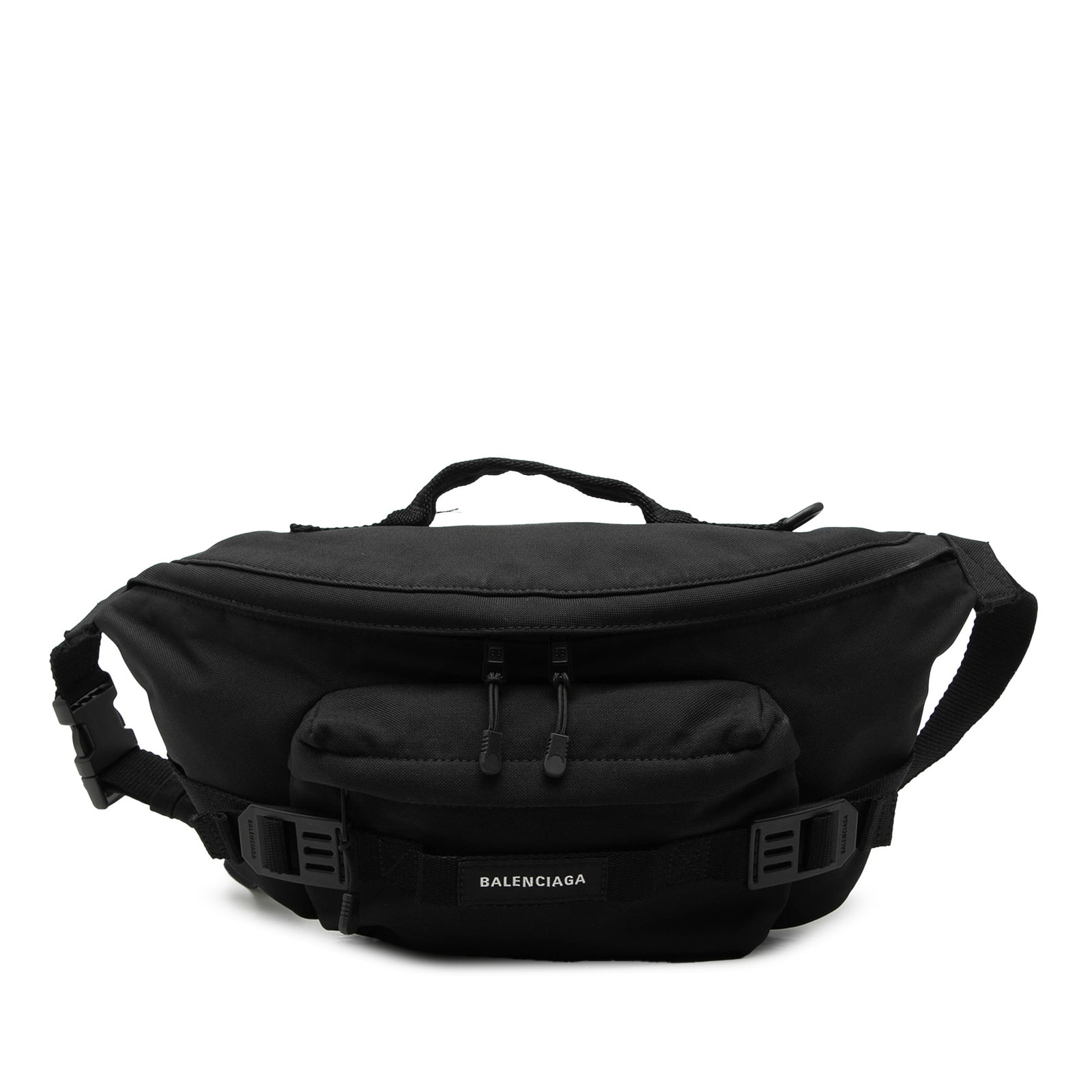 Balenciaga Army Belt Bag Nylon Black: Balenciaga Army Belt Bag Nylon Black This Balenciaga Large Nylon Army Belt Bag features a durable black nylon body with a flat waist strap and buckle closure, a flat top handle, a top zip closure, and