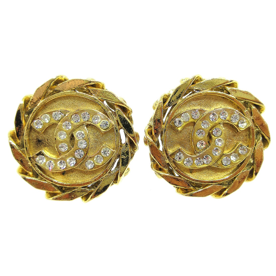 Chanel CC Logo Button Clip On Earrings Gold Tone Rhinestone: Chanel CC Logo Button Clip On Earrings Gold Tone Rhinestone Clip-on Chanel button earrings featuring the CC logo with rhinestone accents. Made in France, this pair has a gold-tone finish and shows rea