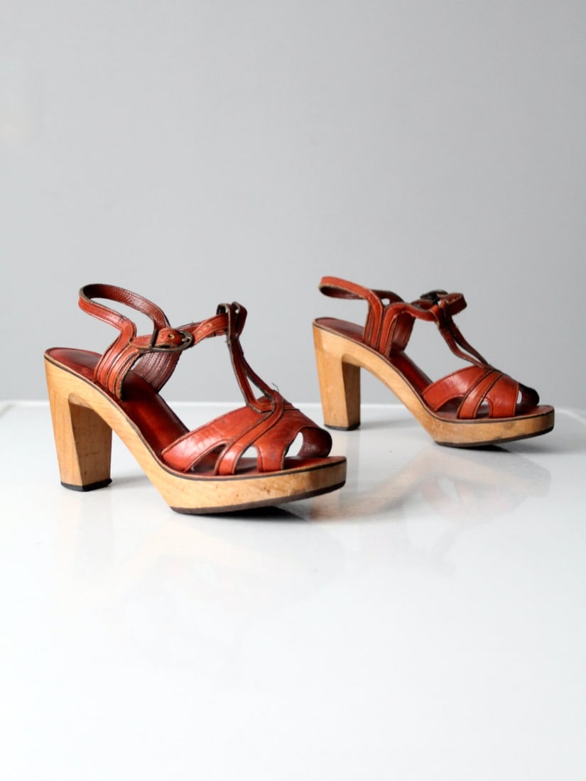 Bare Traps 1970s Brown Leather Platform Slingback Sandals with Wooden Heels (1 of 10)