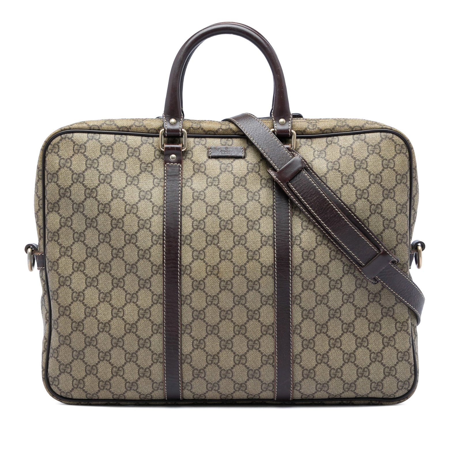 Gucci GG Supreme coated canvas business bag with leather trim: Gucci GG Supreme coated canvas business bag with leather trim Gucci GG Supreme Business Bag with a coated canvas body and leather trim. This bag features rolled leather handles, a detachable flat leat