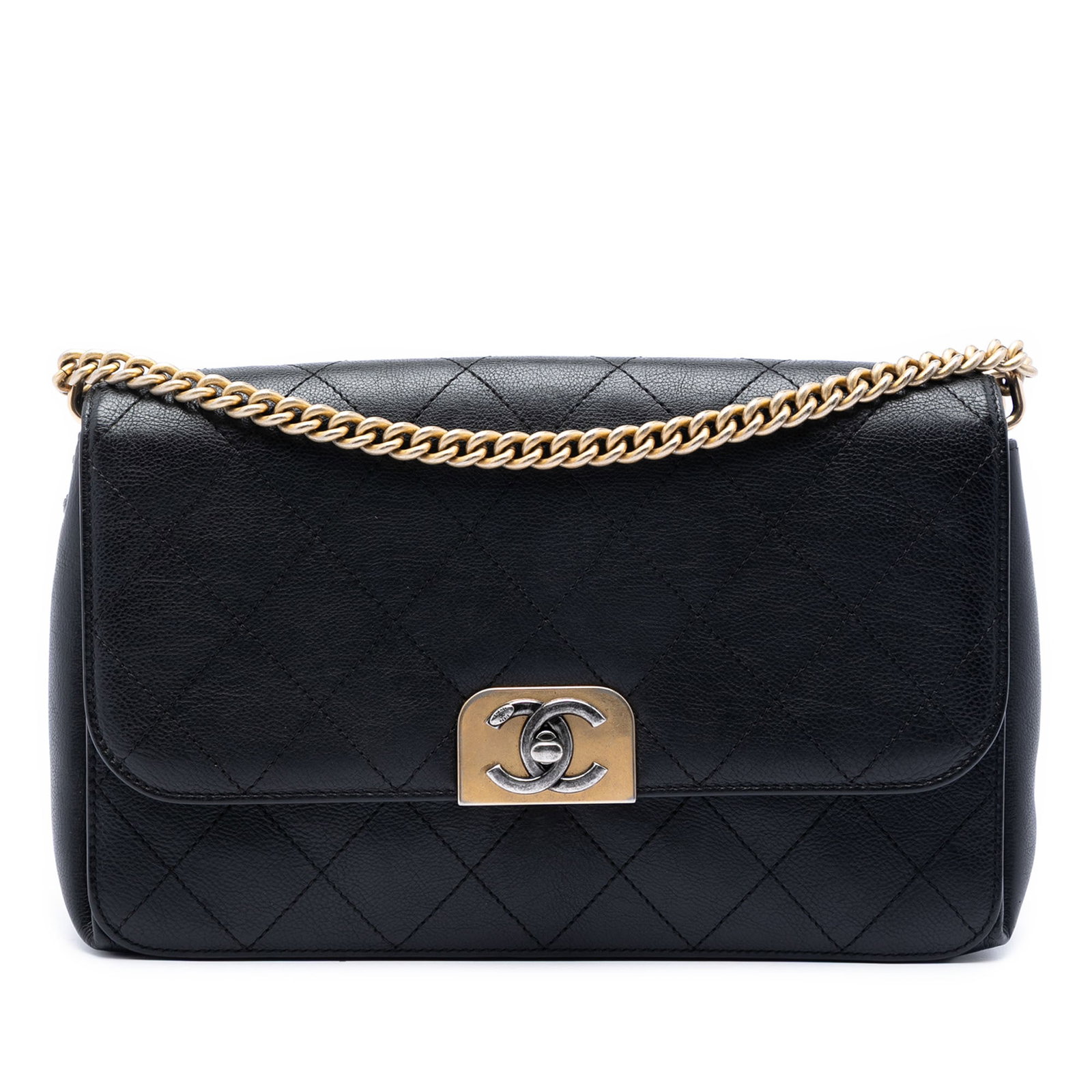 Chanel Medium Straight Lined Flap Quilted Black Calfskin Crossbody: Chanel Medium Straight Lined Flap Quilted Black Calfskin Crossbody A Chanel Medium Quilted Calfskin Straight Lined Flap crossbody bag in black leather, made in Italy. It features a quilted calf leathe