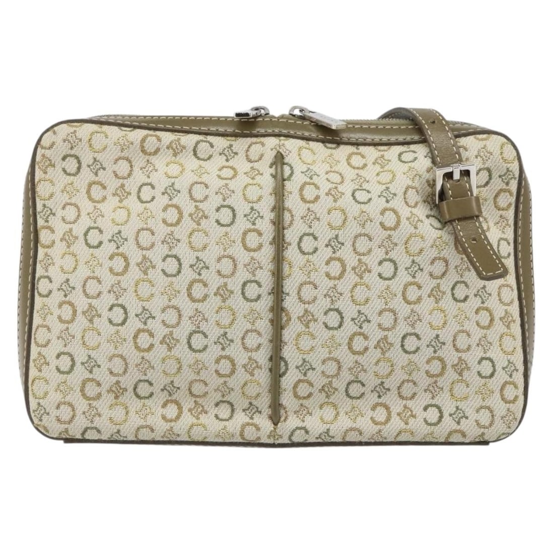 C Macadam Canvas Shoulder Bag by Celine in Khaki: C Macadam Canvas Shoulder Bag by Celine in Khaki This Celine C Macadam shoulder bag for women is crafted from khaki canvas with leather accents. It features a shoulder strap and metal fittings, showin