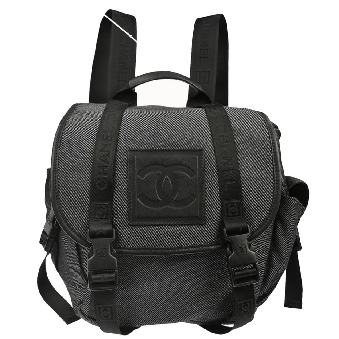 CHANEL Sport Line Canvas Backpack Black Silver Tone Italy: CHANEL Sport Line Canvas Backpack Black Silver Tone Italy Chanel Sport Line backpack in black canvas with silver-tone accents and a drawstring closure. This women's backpack features exterior and inte