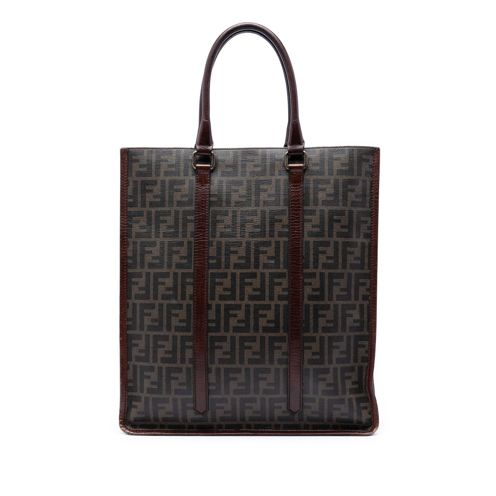 Fendi Zucca Vertical Tote Bag in Brown Coated Canvas: Fendi Zucca Vertical Tote Bag in Brown Coated Canvas Fendi Zucca coated canvas vertical tote with leather trim and rolled leather handles. The bag features an open top and an interior with zip and sli