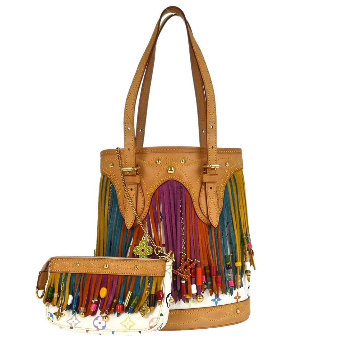 Louis Vuitton LOUIS Bucket Frange white monogram tote with pouch: Louis Vuitton LOUIS Bucket Frange white monogram tote with pouch Vintage Louis Vuitton Monogram Multicolor Bucket Fringe tote bag in white with leather trim and a microfiber lining. This medium tote f
