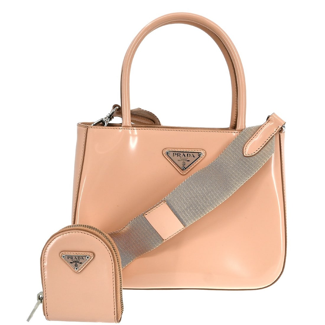 PRADA 2way pink leather tote handbag with pouch and shoulder strap: PRADA 2way pink leather tote handbag with pouch and shoulder strap Prada 2way tote handbag in pink leather with a medium-size silhouette. Made in Italy, this bag includes a pouch and shoulder strap. C