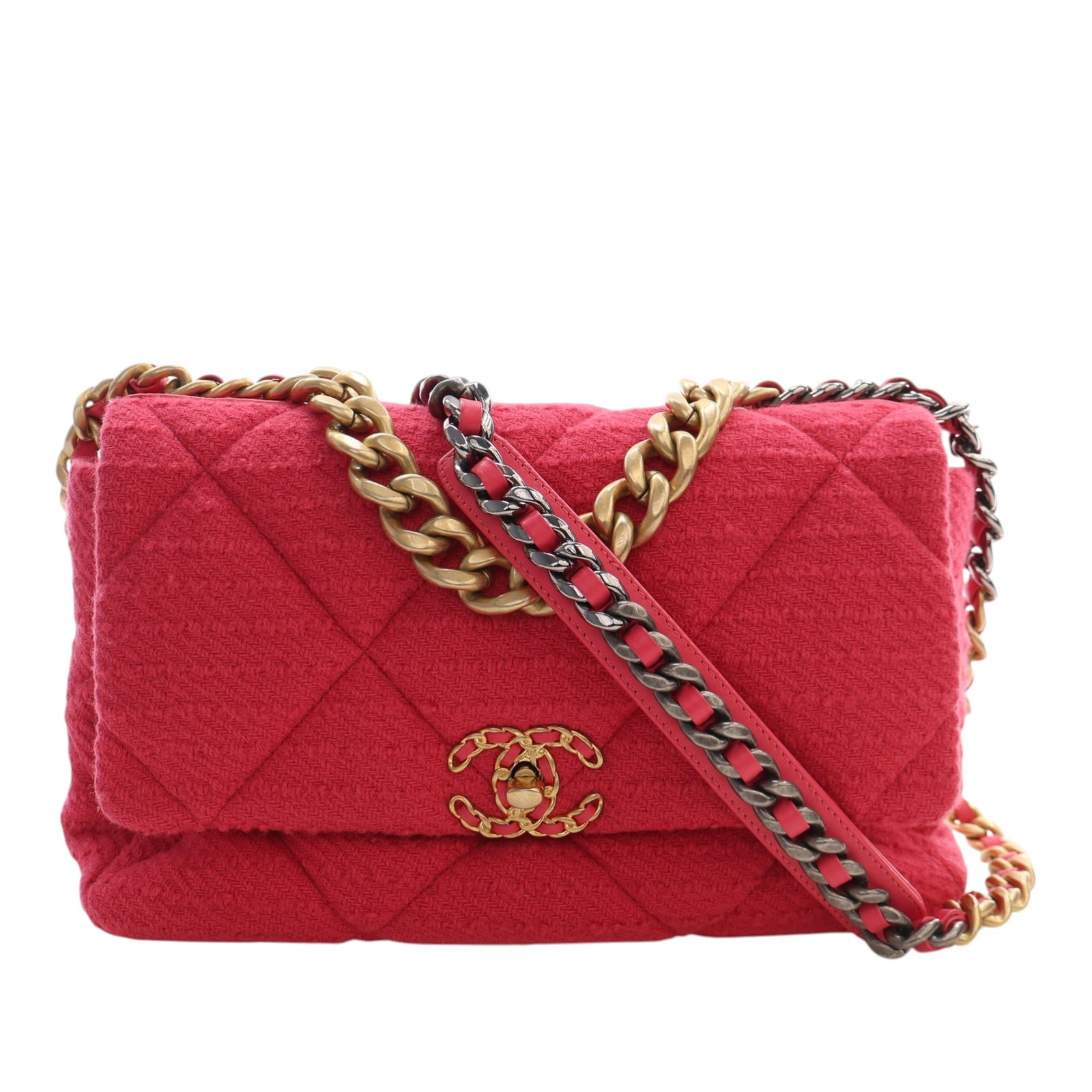 Chanel 19 Flap Large Pink Tweed Shoulder Bag: Chanel 19 Flap Large Pink Tweed Shoulder Bag Large Chanel 19 Flap bag in pink tweed with leather trim. This flap style features a CC twist lock closure, a gold-tone chain handle, a woven leather chain