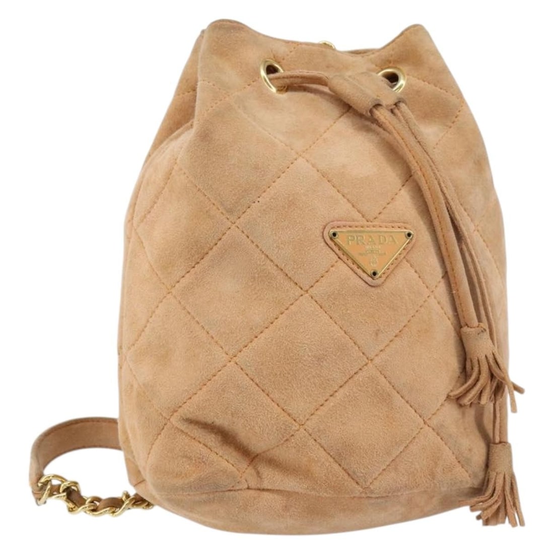 PRADA Suede Shoulder Bag Orange Gold Chain Strap with Guarantee Card: PRADA Suede Shoulder Bag Orange Gold Chain Strap with Guarantee Card Prada chain shoulder bag in orange/gold suede, made in Italy. It features a shoulder strap with an approximate 22.0 inch (56 cm) dr
