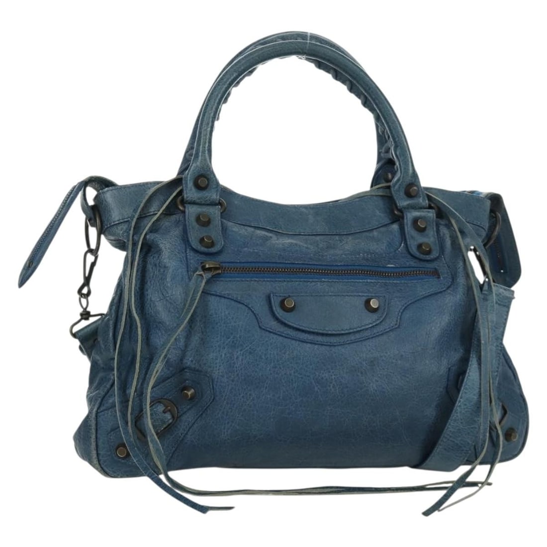Balenciaga 240579 The Town blue leather 2way handbag: Balenciaga 240579 The Town blue leather 2way handbag Balenciaga The Town 2-way handbag in blue leather with top handles and a removable shoulder strap. Made in Italy, this women's bag shows heavy use 