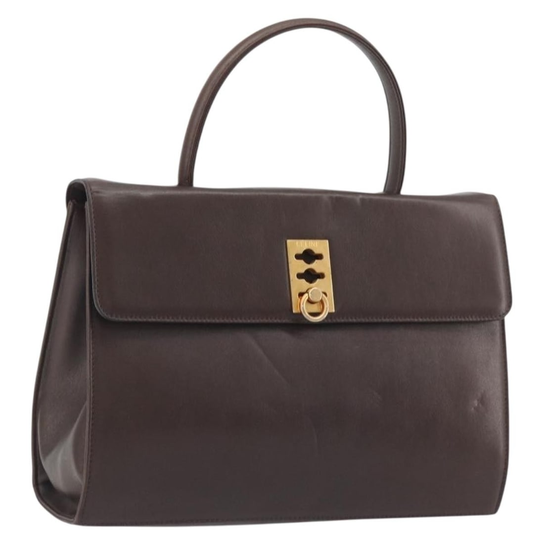 CELINE Brown Leather Hand Bag Gold Tone Italy: CELINE Brown Leather Hand Bag Gold Tone Italy A CELINE women's hand bag crafted in leather with a brown and gold color combination. Made in Italy, this bag measures approximately 30 cm wide, 22 cm hig