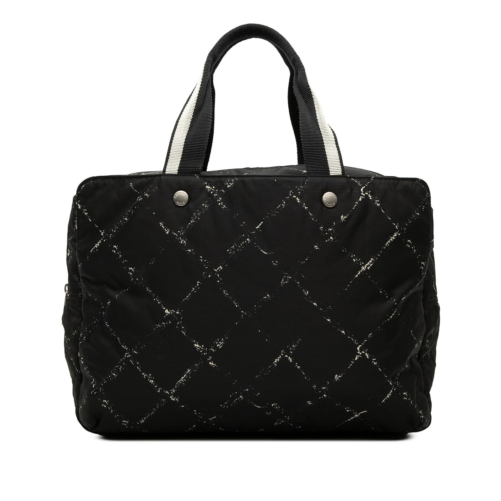 Chanel Old Travel Line Black Nylon Zip Tote Bag: Chanel Old Travel Line Black Nylon Zip Tote Bag Chanel Old Travel Line handbag crafted with a nylon body, flat handles, a top zip closure, and interior slip pockets. Made in France. Condition is B+ wi