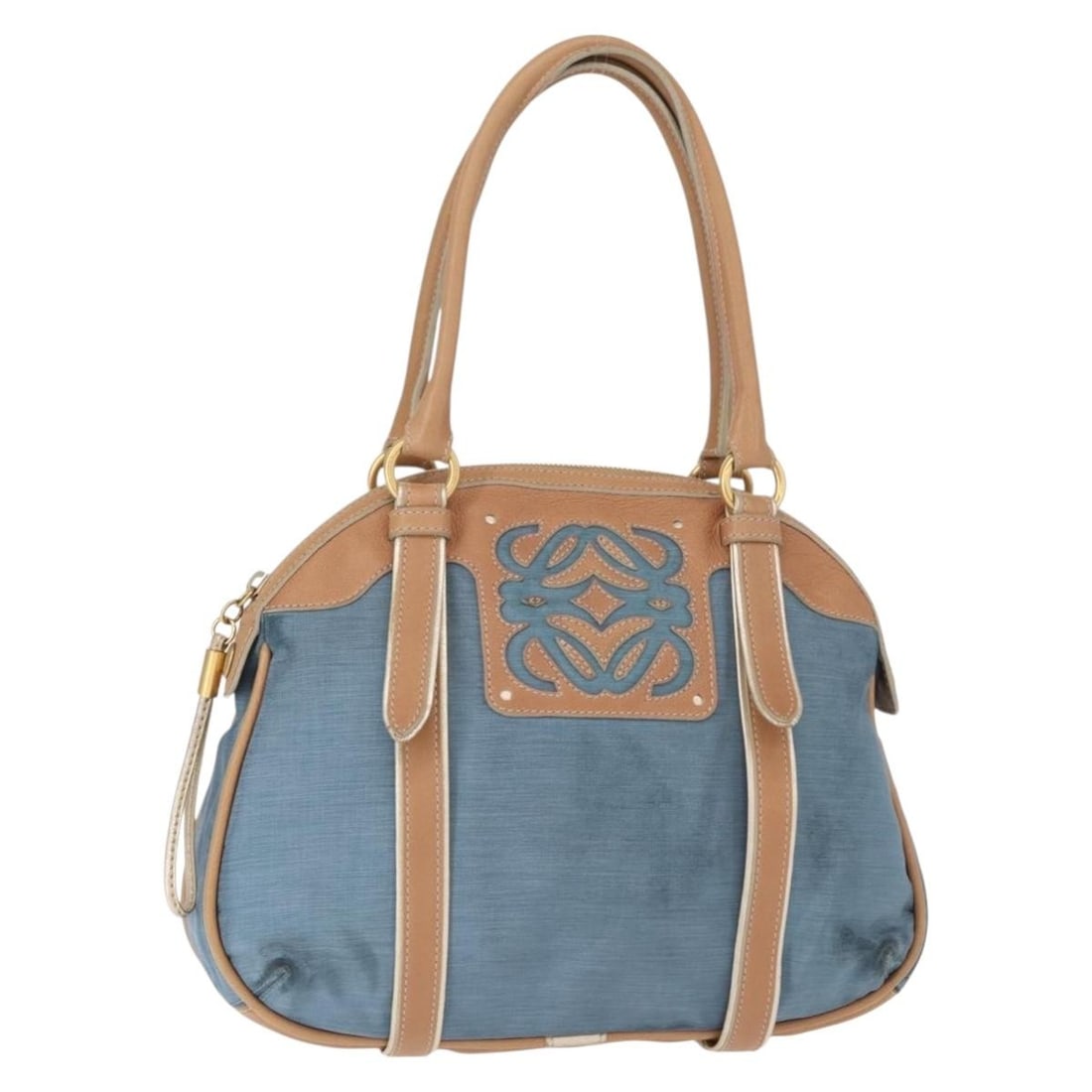 LOEWE Blue Gold Nylon Anagram Hand Bag: LOEWE Blue Gold Nylon Anagram Hand Bag This LOEWE Anagram Hand Bag combines stylish design with practical functionality. Crafted from durable nylon, this bag features a striking blue and gold color sc