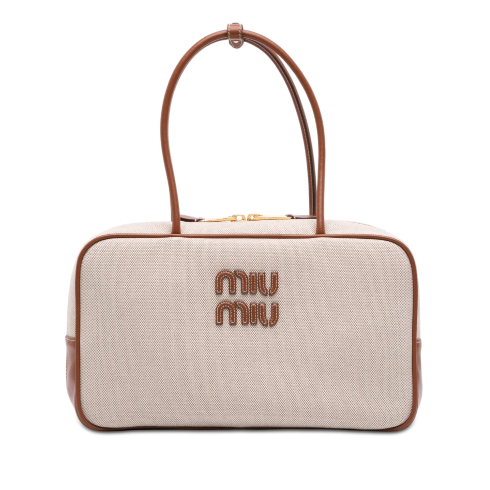 Miu Miu Beau Large Canvas Leather Trim Tote Bag: Miu Miu Beau Large Canvas Leather Trim Tote Bag Large Miu Miu Beau handbag crafted with a canvas body and leather trim. It features rolled leather handles, a two-way zip-around closure, and interior z