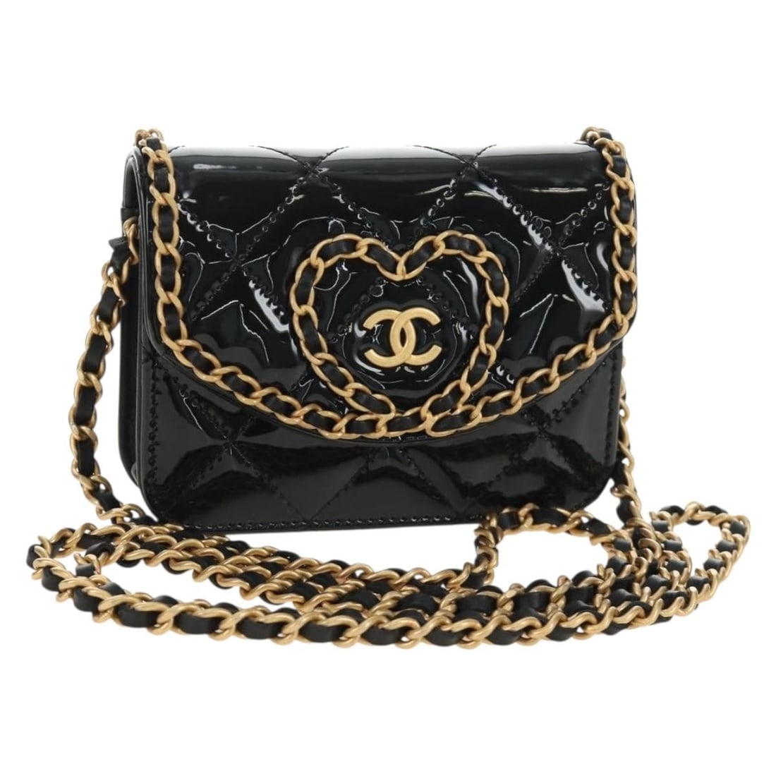 CHANEL CC Patent Leather Shoulder Bag Black Gold Tone with Dust Bag Box: CHANEL CC Patent Leather Shoulder Bag Black Gold Tone with Dust Bag Box CHANEL Matelasse chain shoulder bag in black patent leather with gold-tone accents. Made in Italy, this women's shoulder bag mea