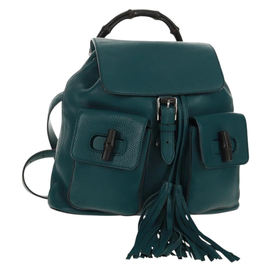 Gucci 370833 Green Leather Bamboo Backpack with Dust Bag: Gucci 370833 Green Leather Bamboo Backpack with Dust Bag Authentic Gucci Bamboo backpack in green leather with silver-tone accents. Made in Italy, this women's backpack includes a dust bag. Condition 