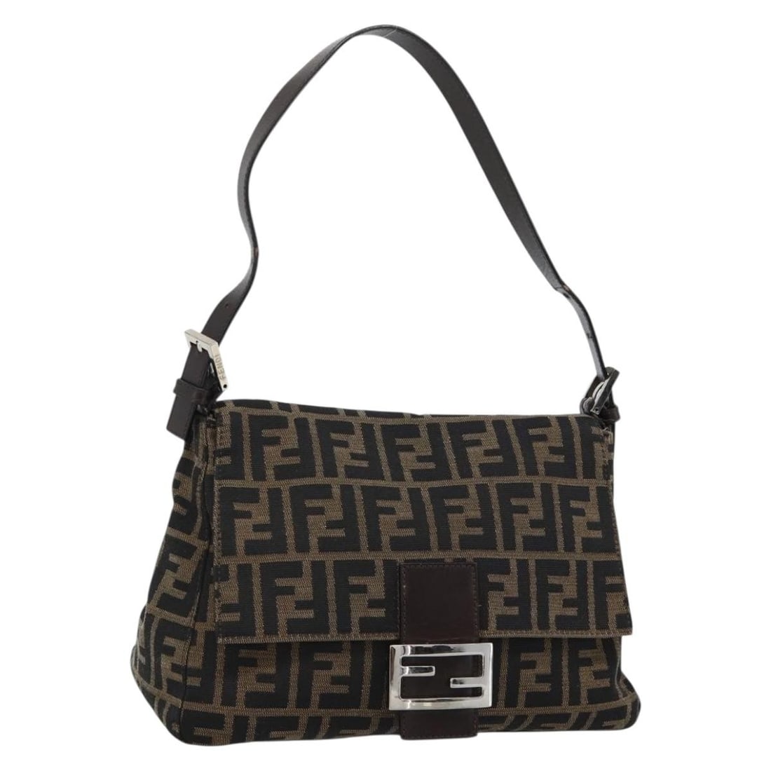 Fendi Mamma Baguette Shoulder Bag in Black Brown Zucca Canvas: Fendi Mamma Baguette Shoulder Bag in Black Brown Zucca Canvas Fendi Mamma Baguette shoulder bag in Zucca canvas with a black and brown colorway. Made in Italy, this women's bag includes a dust bag and