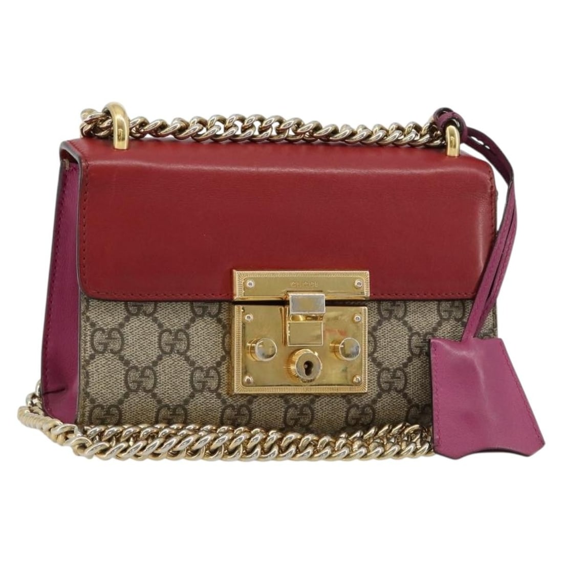 Gucci 409487 GG Supreme PVC Leather Shoulder Bag Red Pink Gold: Gucci 409487 GG Supreme PVC Leather Shoulder Bag Red Pink Gold This Gucci shoulder bag is crafted from PVC leather and GG canvas in a red, gold, and pink colorway. It features a compact silhouette wit