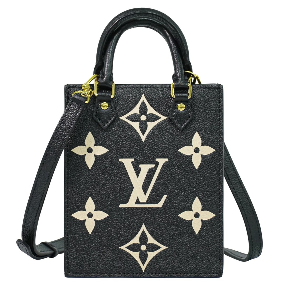 Louis Vuitton Petit Sac Plat Leather Handbag Black France: Louis Vuitton Petit Sac Plat Leather Handbag Black France Louis Vuitton Petit Sac Plat in black bicolor Monogram Empreinte giant leather. This structured handbag is made in France and is noted in pris