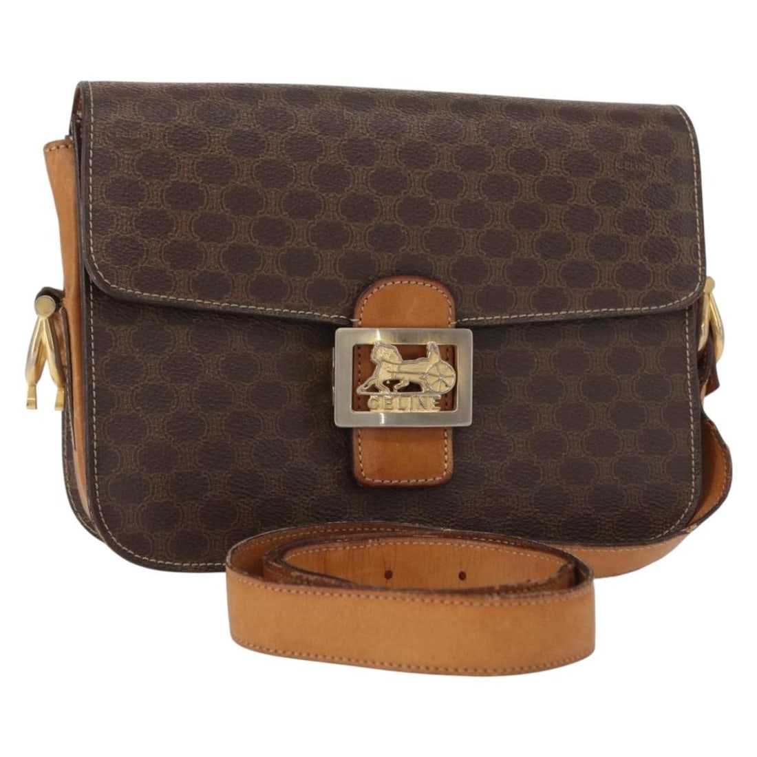 CELINE Macadam Canvas Brown Gold Shoulder Bag Italy Authentic: CELINE Macadam Canvas Brown Gold Shoulder Bag Italy Authentic This authentic CELINE Macadam Canvas Shoulder Bag is a stylish accessory crafted from durable PVC leather and Macadam canvas. The exterior