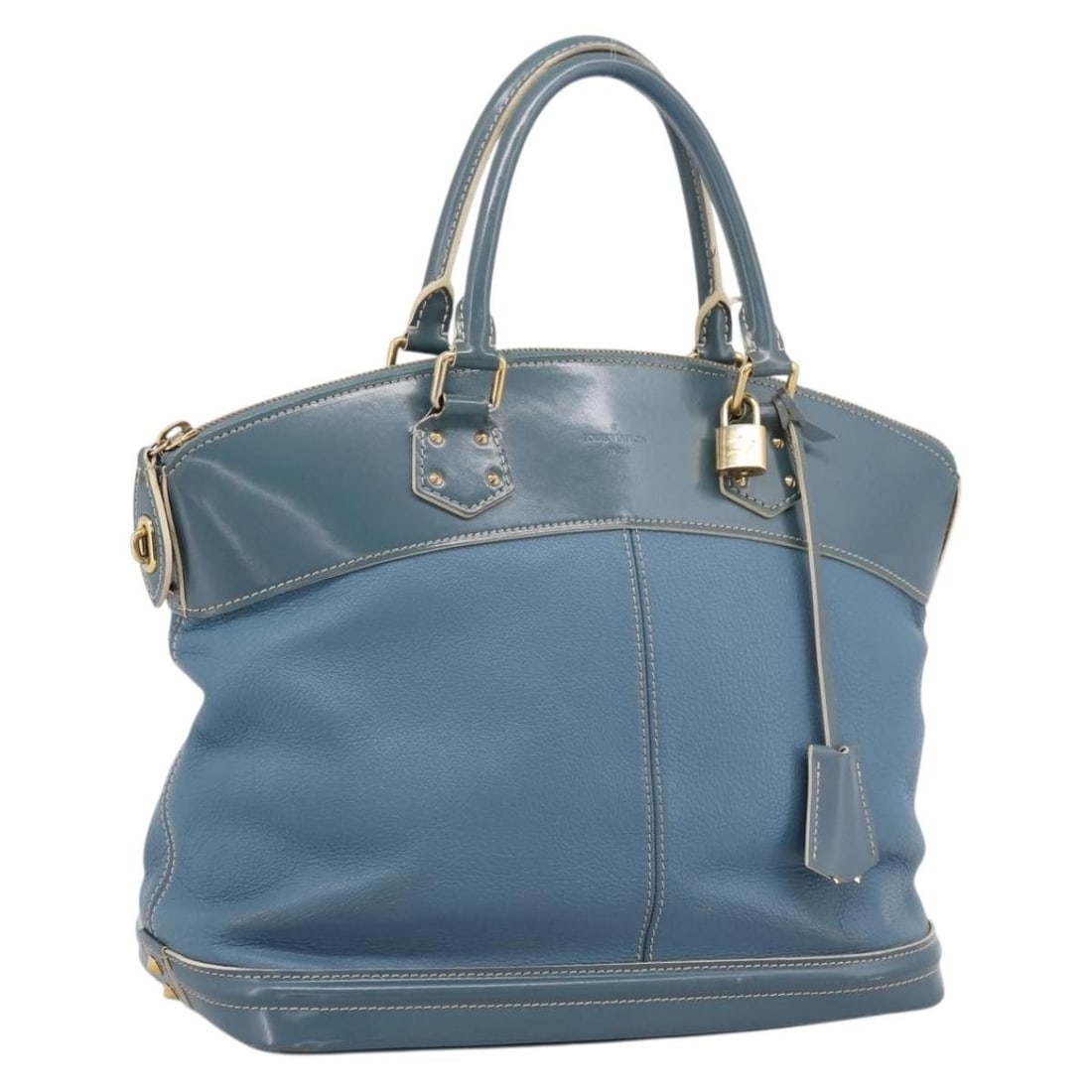 Louis Vuitton M95434 Suhari Lockit PM leather handbag blue gold tone: Louis Vuitton M95434 Suhari Lockit PM leather handbag blue gold tone Louis Vuitton Suhari Lockit PM handbag in blue leather with gold-tone accents. This women's handbag includes a padlock, two keys, a