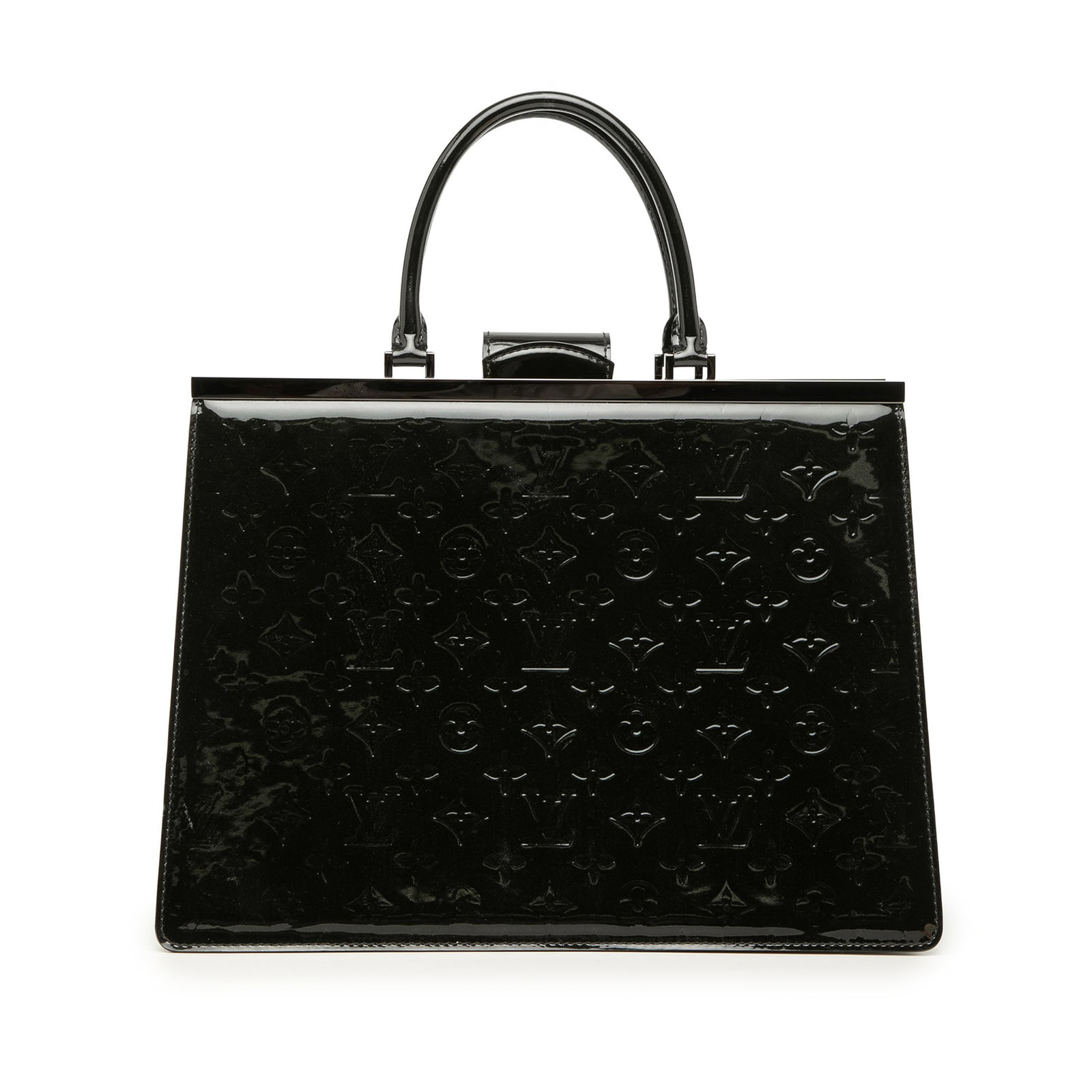 Louis Vuitton Deesse GM Monogram Vernis leather handbag: Louis Vuitton Deesse GM Monogram Vernis leather handbag Louis Vuitton Monogram Vernis Deesse GM handbag crafted in vernis leather with rolled handles and a structured metal frame with snap closure. Th