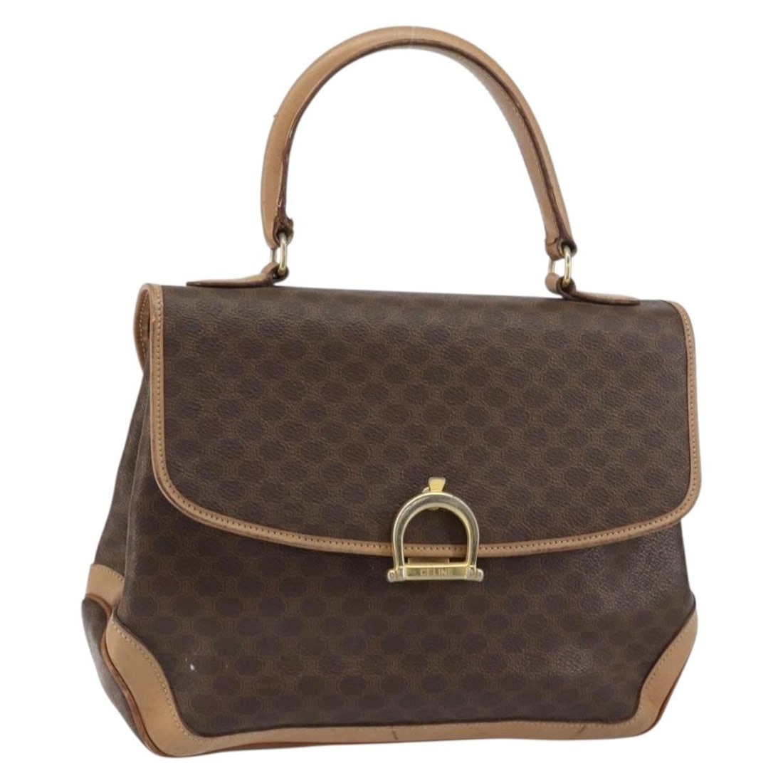 CELINE Macadam Canvas Brown Gold Hand Bag PVC Leather Auth Italy: CELINE Macadam Canvas Brown Gold Hand Bag PVC Leather Auth Italy This Celine Macadam Canvas Hand Bag combines elegance with practicality, featuring a rich brown and gold color palette. Crafted from du