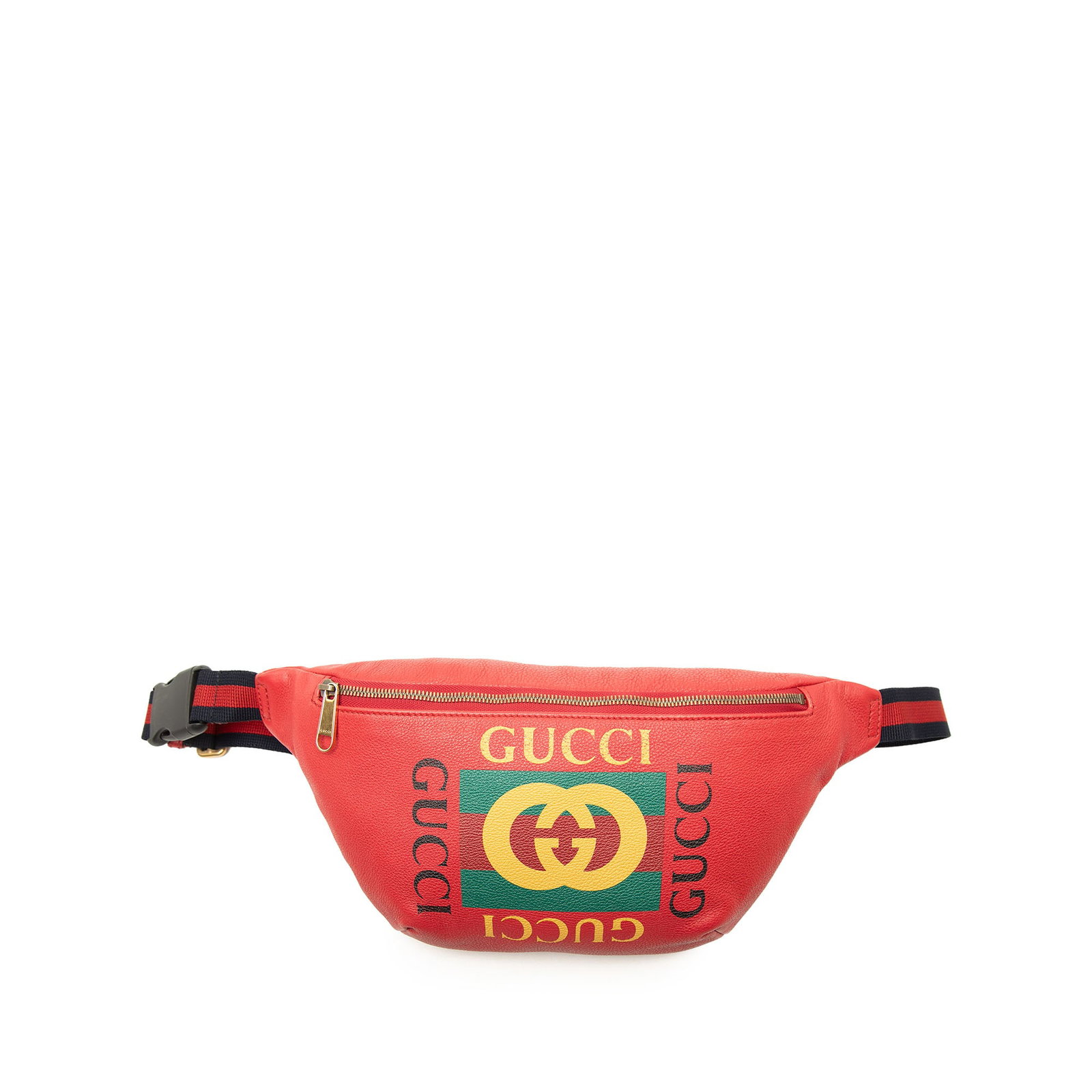 Gucci Logo Belt Bag in Red Grained Calfskin Leather: Gucci Logo Belt Bag in Red Grained Calfskin Leather Red Gucci belt bag crafted from grained calf leather with a front zip closure and a flat canvas waist strap with buckle closure. Made in Italy. Cond