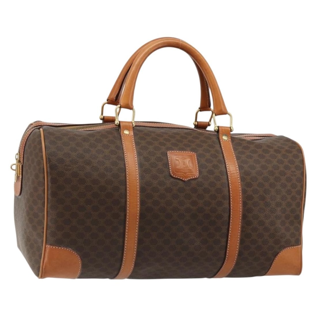 CELINE Macadam Boston Bag Brown PVC Leather Italy: CELINE Macadam Boston Bag Brown PVC Leather Italy A CELINE Boston bag crafted in PVC leather and Macadam canvas in brown and gold. Made in Italy, this women's bag features a handle drop of 5.5 inches 
