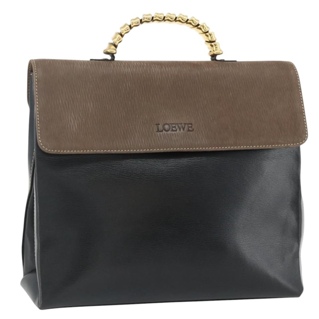 LOEWE Velazquez Leather Handbag Black and Gold Spain: LOEWE Velazquez Leather Handbag Black and Gold Spain LOEWE hand bag in black and gold leather, made in Spain. The bag measures approximately 30 cm wide, 24 cm high, and 9 cm deep, with a handle drop o