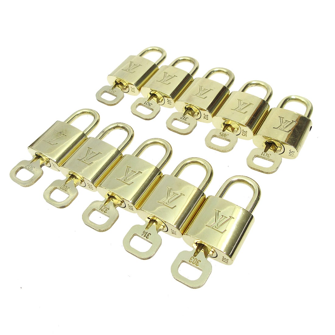 Louis Vuitton gold tone padlock and key charm set of 10: Louis Vuitton gold tone padlock and key charm set of 10 Set of 10 Louis Vuitton padlock and key bag accessories charms in a gold-tone finish. Made in France, this unisex accessory set shows overall si