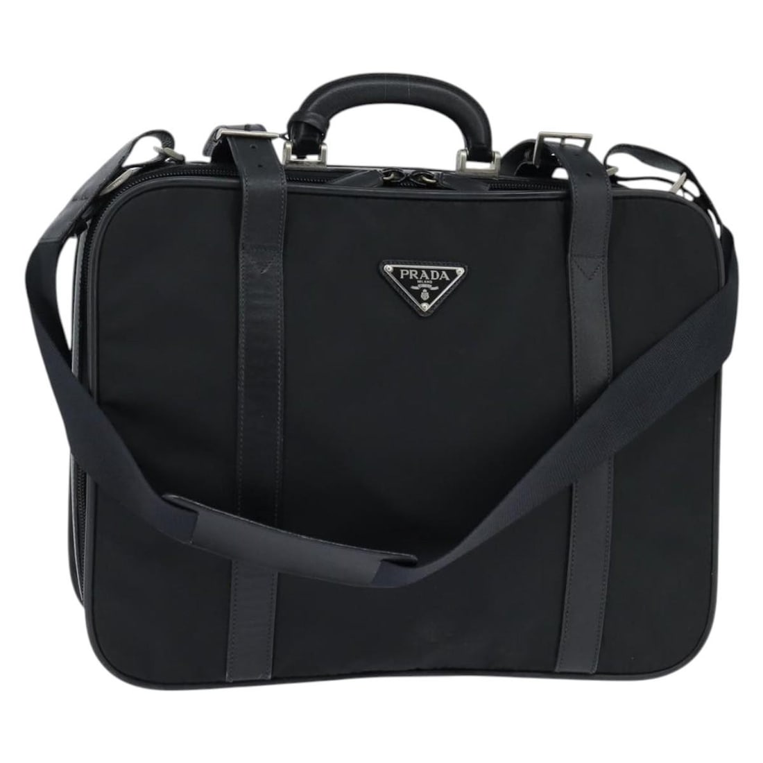 Prada Nylon Briefcase Black Silver with 2 Keys Clochette: Prada Nylon Briefcase Black Silver with 2 Keys Clochette Authentic Prada business bag in black nylon with silver-tone accents. Made in Italy, this women's bag includes two keys and a clochette. Condit