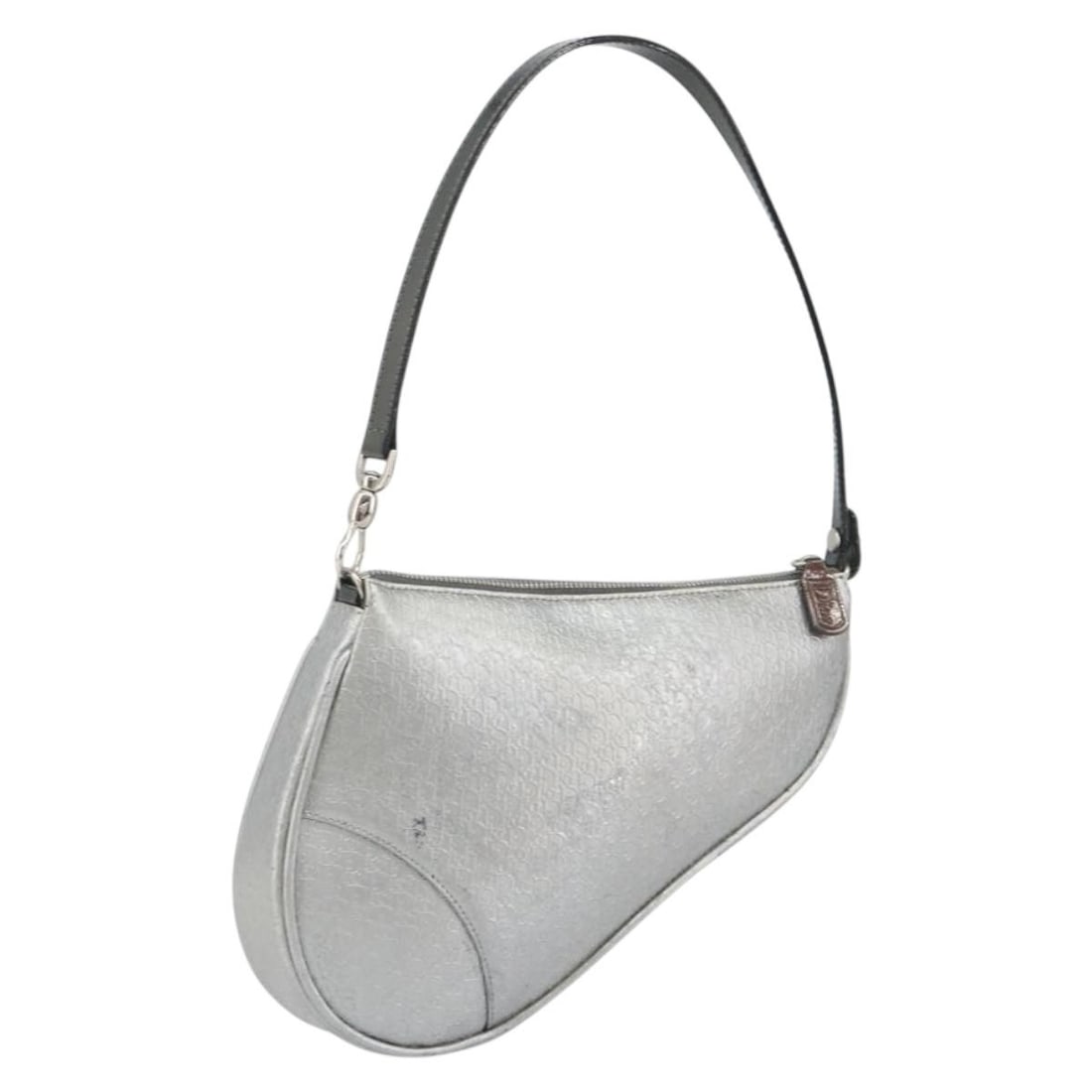 Christian Dior Saddle Accessory Pouch Silver Leather Trotter Canvas: Christian Dior Saddle Accessory Pouch Silver Leather Trotter Canvas Christian Dior Trotter canvas saddle accessory pouch in silver with leather trim. Made in Italy, this women's pouch includes a dust 