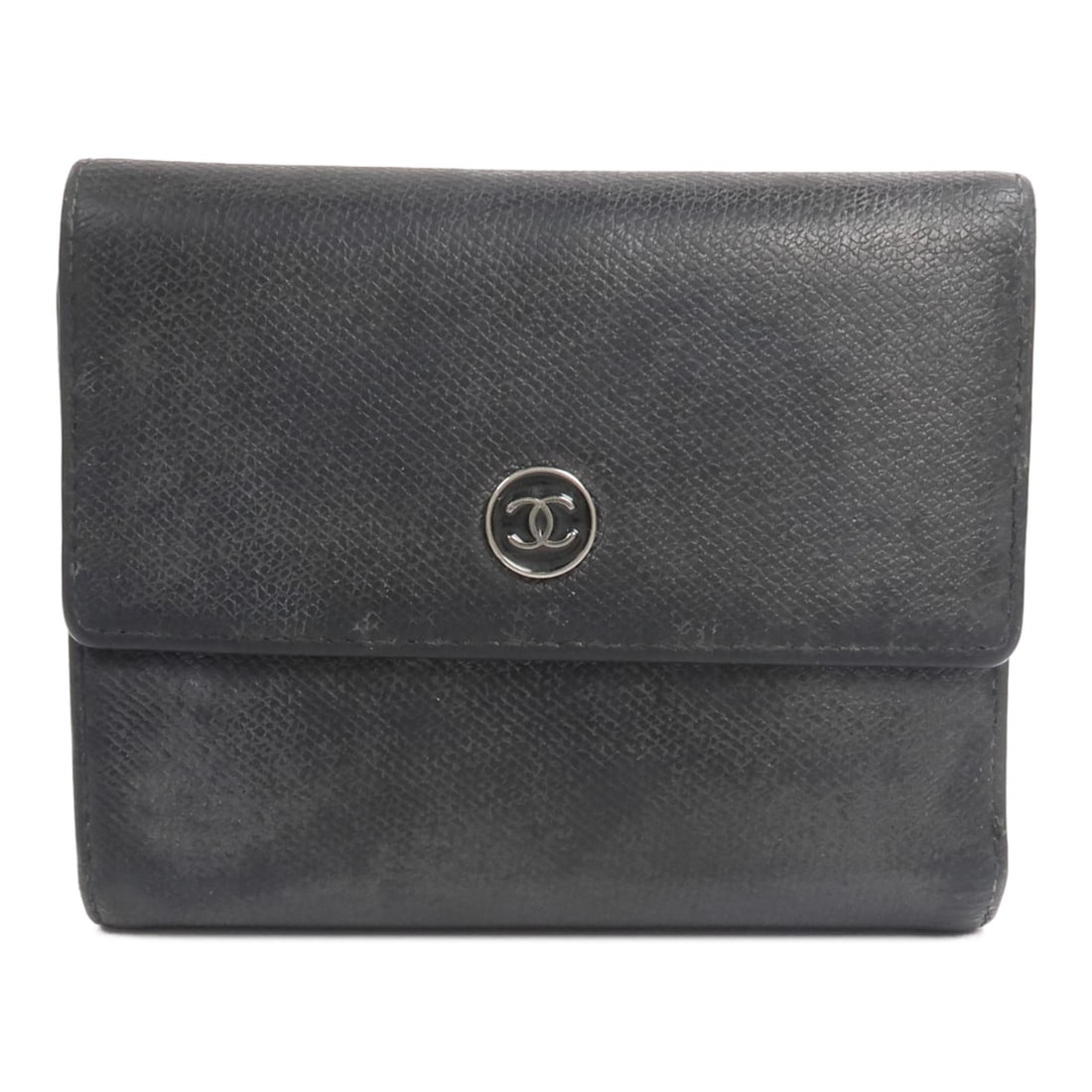 CHANEL CC Tri Fold Wallet Black Calfskin SHW: CHANEL CC Tri Fold Wallet Black Calfskin SHW Tri-fold wallet in black calfskin leather with a CC SHW design. The interior includes a hook button wallet compartment, one coin case, 12 card slots, and t