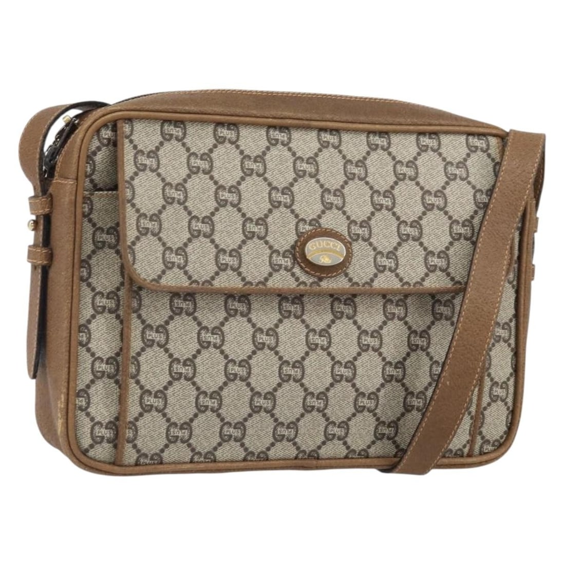 Beige Gold GG Plus PVC Leather Shoulder Bag by Gucci: Beige Gold GG Plus PVC Leather Shoulder Bag by Gucci This Gucci GG Plus Supreme shoulder bag features a beige PVC leather and GG canvas exterior with gold-tone hardware. Crafted in Italy, it measures 