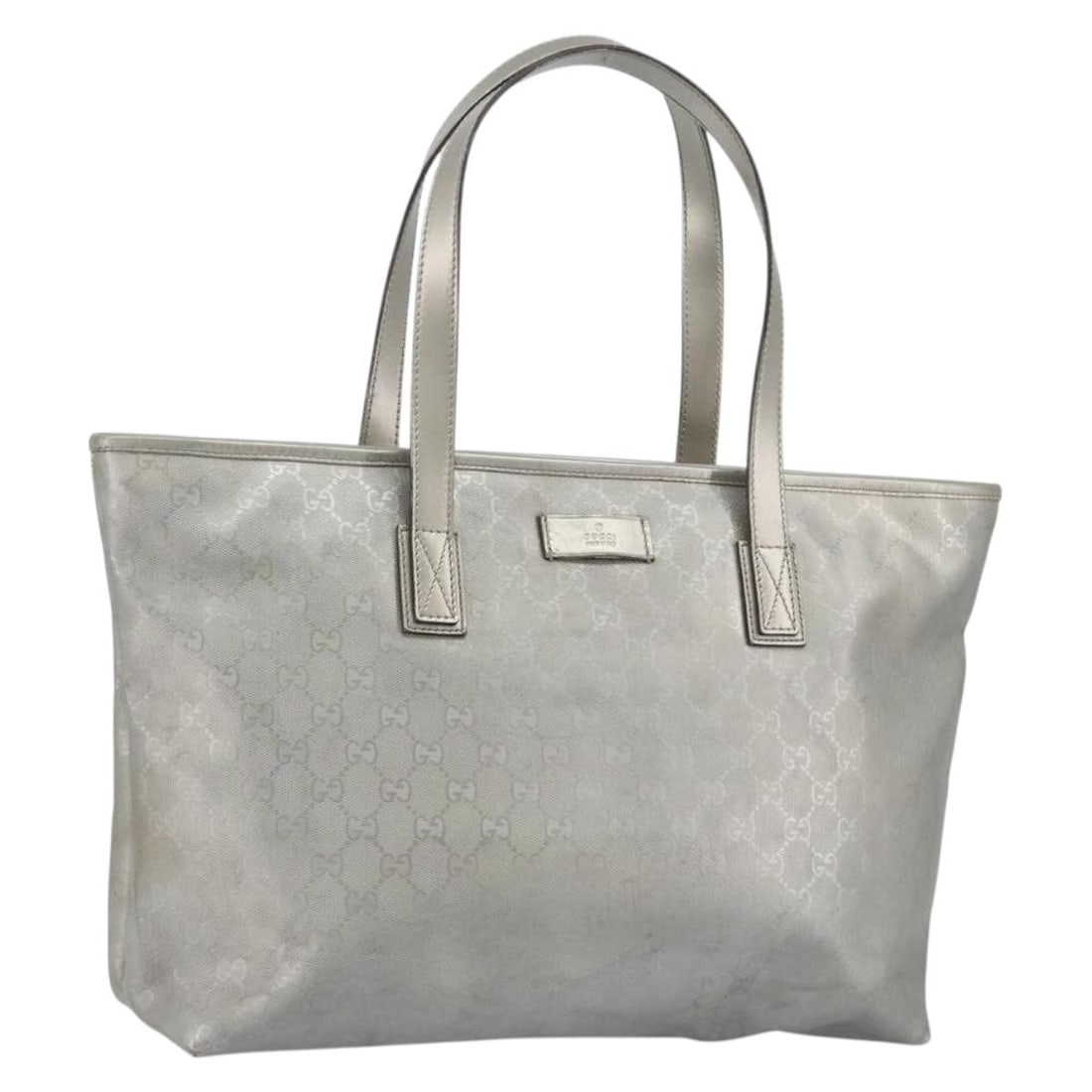 Gucci 211137 Silver GG Canvas PVC Leather Tote Bag: Gucci 211137 Silver GG Canvas PVC Leather Tote Bag GUCCI tote bag in silver PVC leather and GG canvas, made in Italy. It features a structured tote style with a handle drop of approximately 7.5 inches
