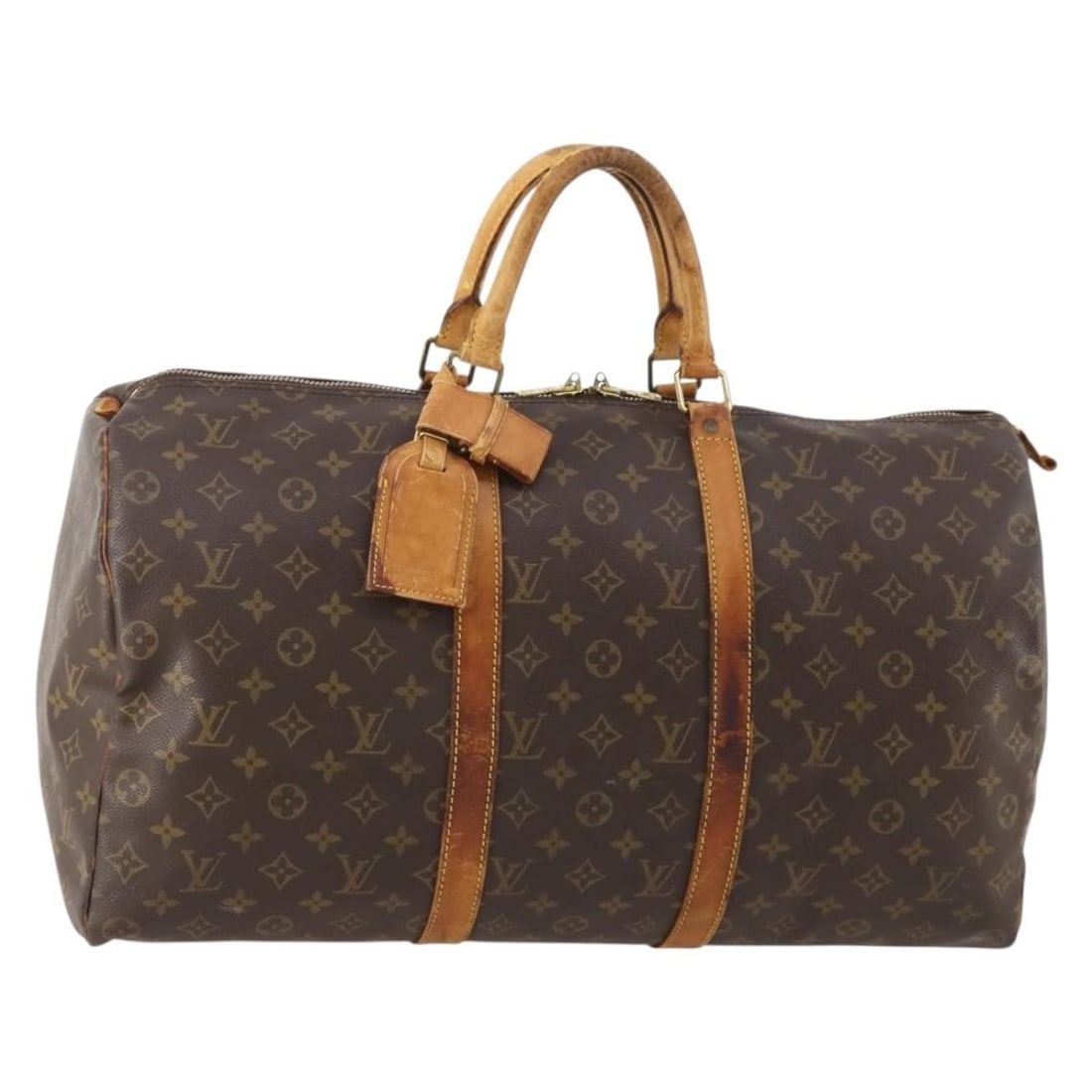 Louis Vuitton M41426 Keepall 50 Monogram Canvas Boston Bag: Louis Vuitton M41426 Keepall 50 Monogram Canvas Boston Bag Louis Vuitton Keepall 50 Boston bag in Monogram canvas, model M41426, made in France. Includes a name tag and Powanie. This heavily used bag 