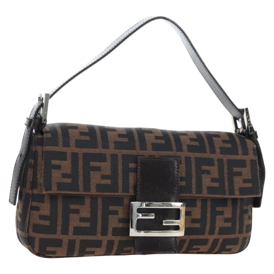 Fendi Mamma Baguette Shoulder Bag in Brown Black Zucca Canvas: Fendi Mamma Baguette Shoulder Bag in Brown Black Zucca Canvas Authentic Fendi Mamma Baguette shoulder bag in brown and black Zucca canvas. This women's bag includes a dust bag and is made in Italy. Co
