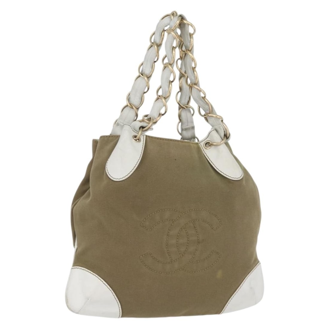 CHANEL CC Canvas Tote Bag Beige Gold Chain Handle: CHANEL CC Canvas Tote Bag Beige Gold Chain Handle Authentic CHANEL chain tote bag in beige and gold canvas. This women's tote includes the guarantee card and was made in Italy. Condition is heavily us