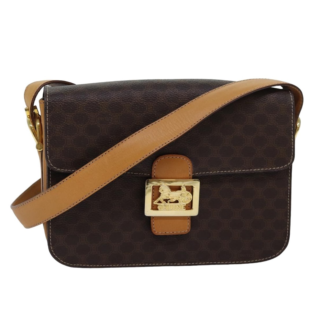 CELINE Macadam Shoulder Bag Brown PVC Leather Italy: CELINE Macadam Shoulder Bag Brown PVC Leather Italy CELINE shoulder bag in brown PVC leather and Macadam canvas, made in Italy. It features a compact silhouette with a shoulder strap drop of approxima