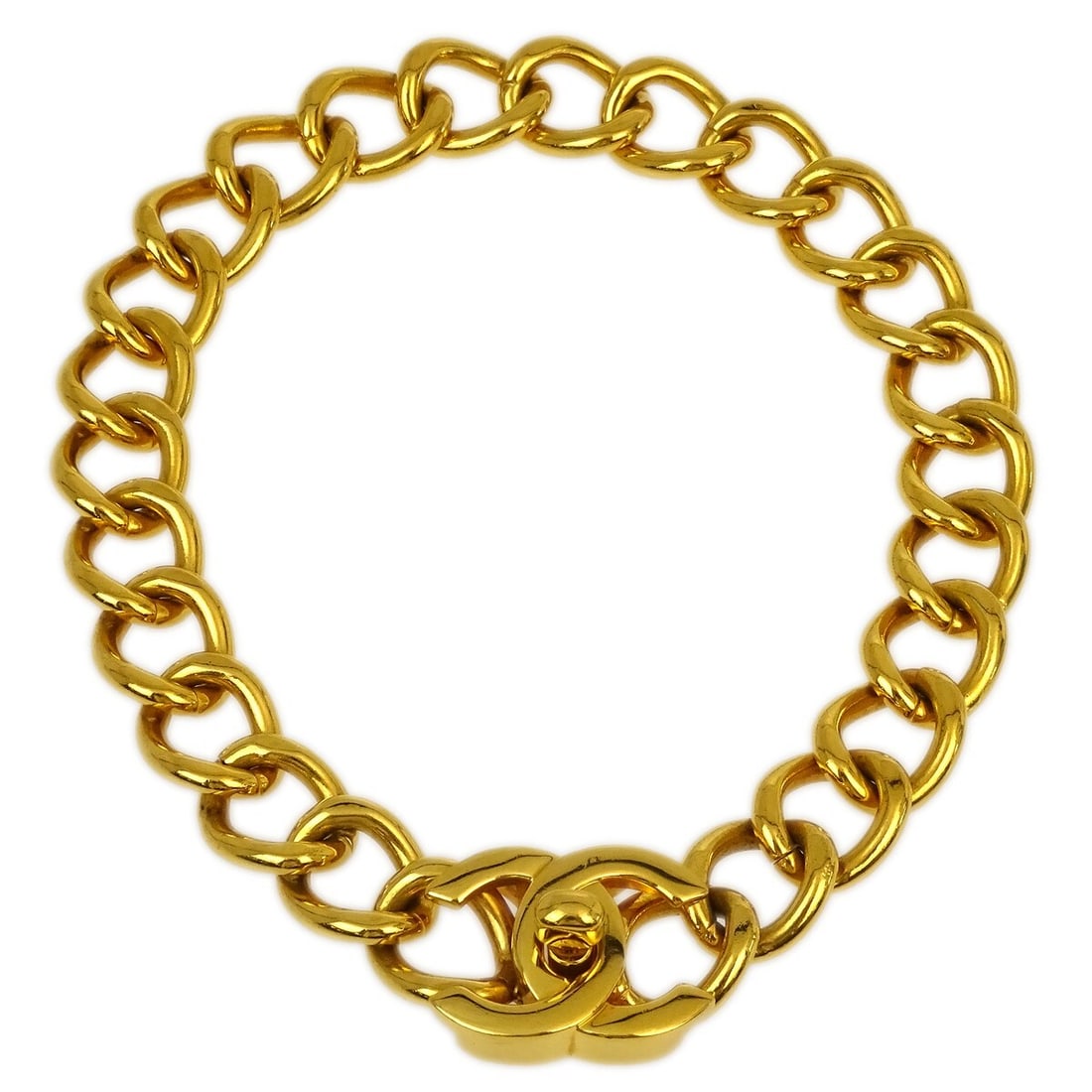 Chanel 96P Turnlock Chain Necklace Gold Plated: Chanel 96P Turnlock Chain Necklace Gold Plated Chanel turnlock chain necklace in gold-plated metal with a classic chain style and turnlock charm. Made in France, this piece is marked 96P and comes wit
