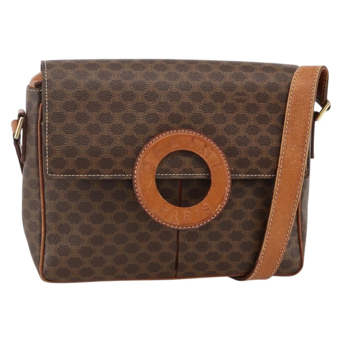 CELINE Macadam Round Shoulder Bag Brown PVC Leather Gold Tone: CELINE Macadam Round Shoulder Bag Brown PVC Leather Gold Tone Celine Macadam canvas circle shoulder bag in brown with gold-tone accents. This women's shoulder bag is made in Italy from PVC leather and
