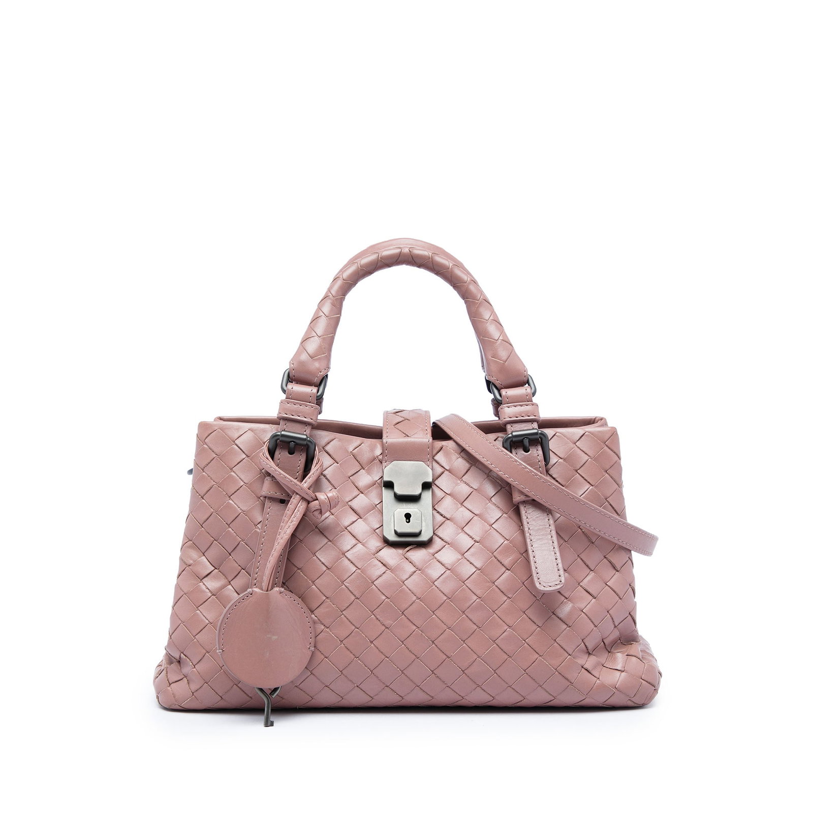 Bottega Veneta Roma Mini Intrecciato Nappa Leather Satchel Pink: Bottega Veneta Roma Mini Intrecciato Nappa Leather Satchel Pink Bottega Veneta Mini Roma satchel crafted in woven nappa leather with rolled leather handles and a detachable flat leather strap. The bag