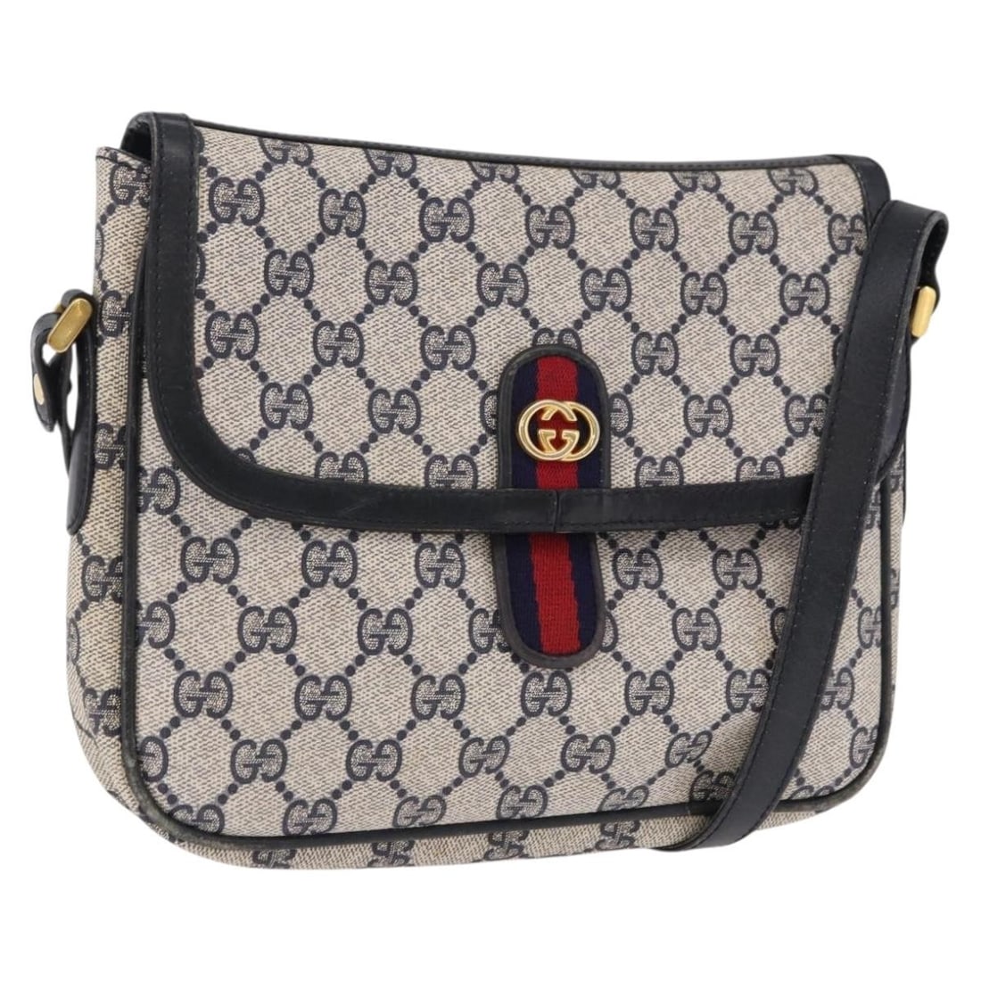 GUCCI Sherry Line GG Supreme PVC Leather Shoulder Bag Navy Gold: GUCCI Sherry Line GG Supreme PVC Leather Shoulder Bag Navy Gold Gucci GG Supreme Sherry Line shoulder bag in navy and gold PVC leather/GG canvas, made in Italy. It features a shoulder strap with an ap