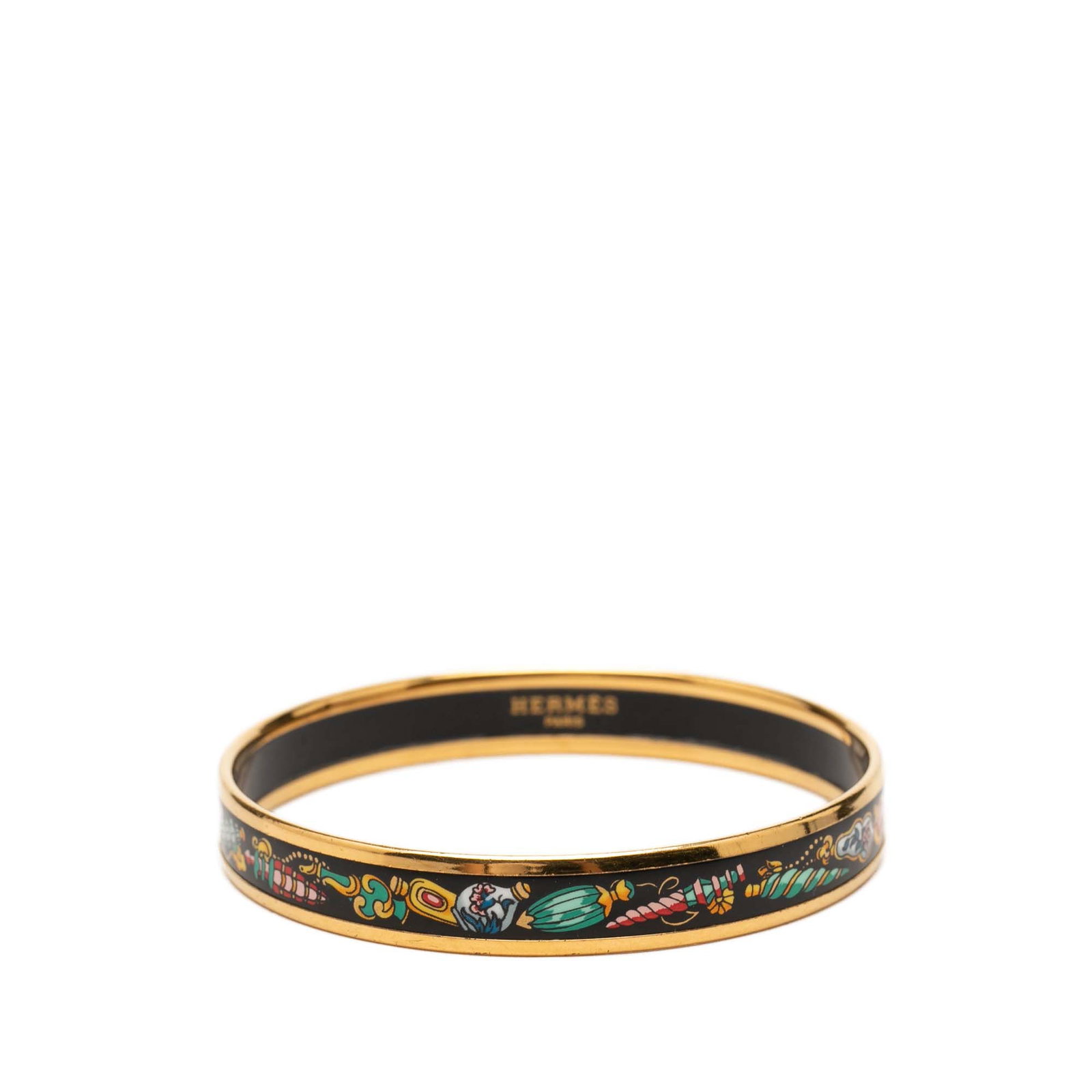 Hermes Qu Importe le Flacon Narrow Enamel Bangle 62: Hermes Qu Importe le Flacon Narrow Enamel Bangle 62 Hermes Narrow Qu Importe le Flacon enamel bangle in black with a gold plated metal body. This costume bracelet shows visible wear, including scratch