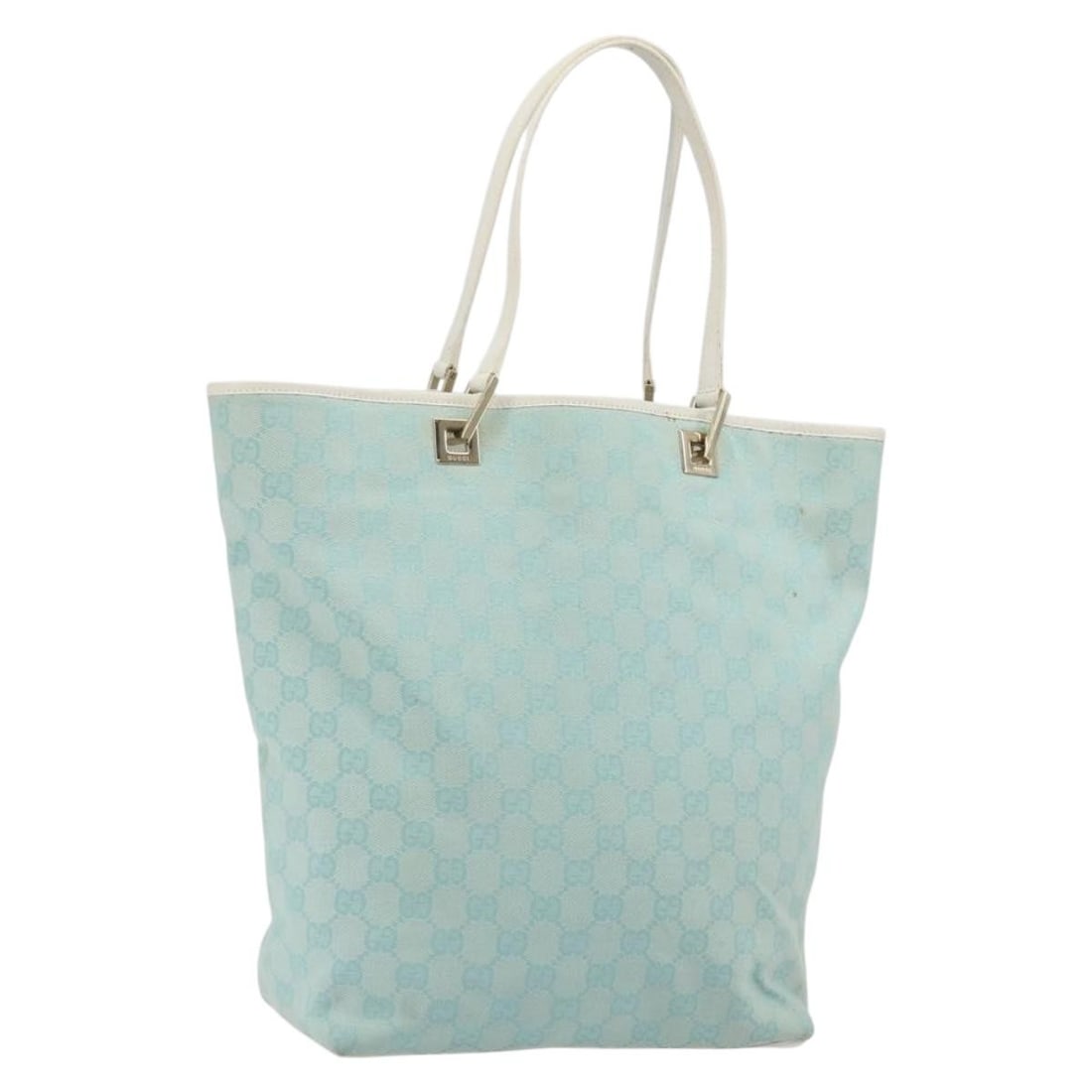 GUCCI 002 1098 GG Canvas Tote Light Blue Gold: GUCCI 002 1098 GG Canvas Tote Light Blue Gold Authentic Gucci tote bag in light blue GG canvas with gold-tone accents. Made in Italy, this women's tote has a structured everyday silhouette and is offe